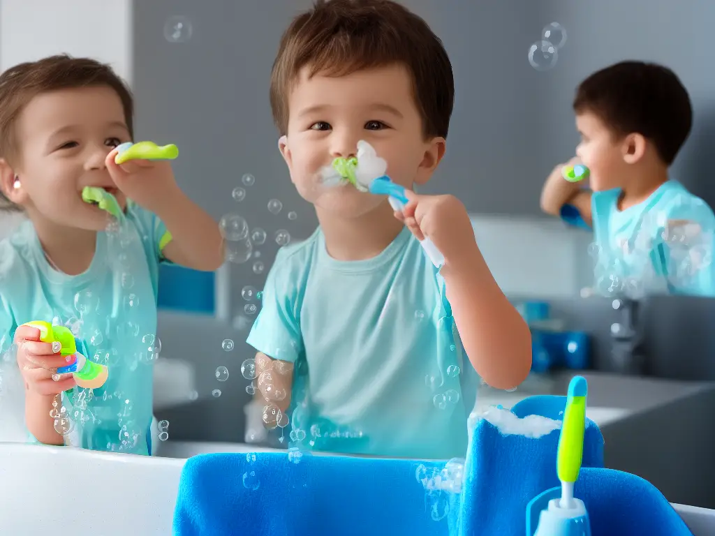 A cartoon image of a child brushing their teeth with a toothbrush in one hand and a toothpaste tube in the other, with bubbles forming around their mouth.