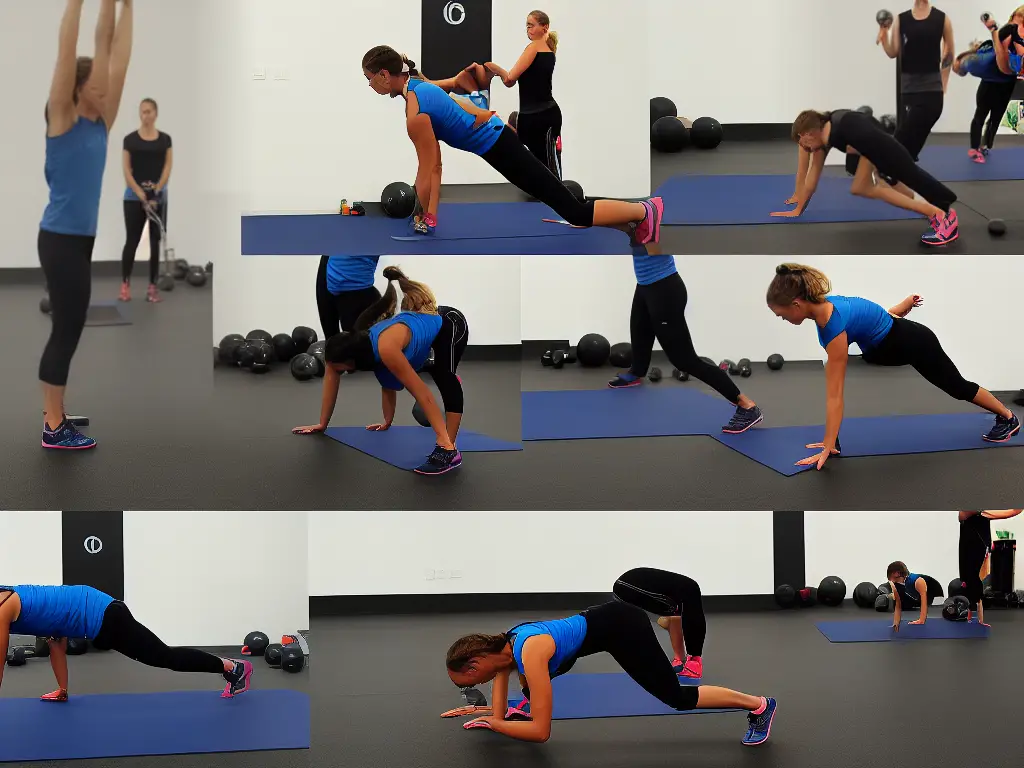 An image of a person performing a burpee, showing the different stages of the exercise.