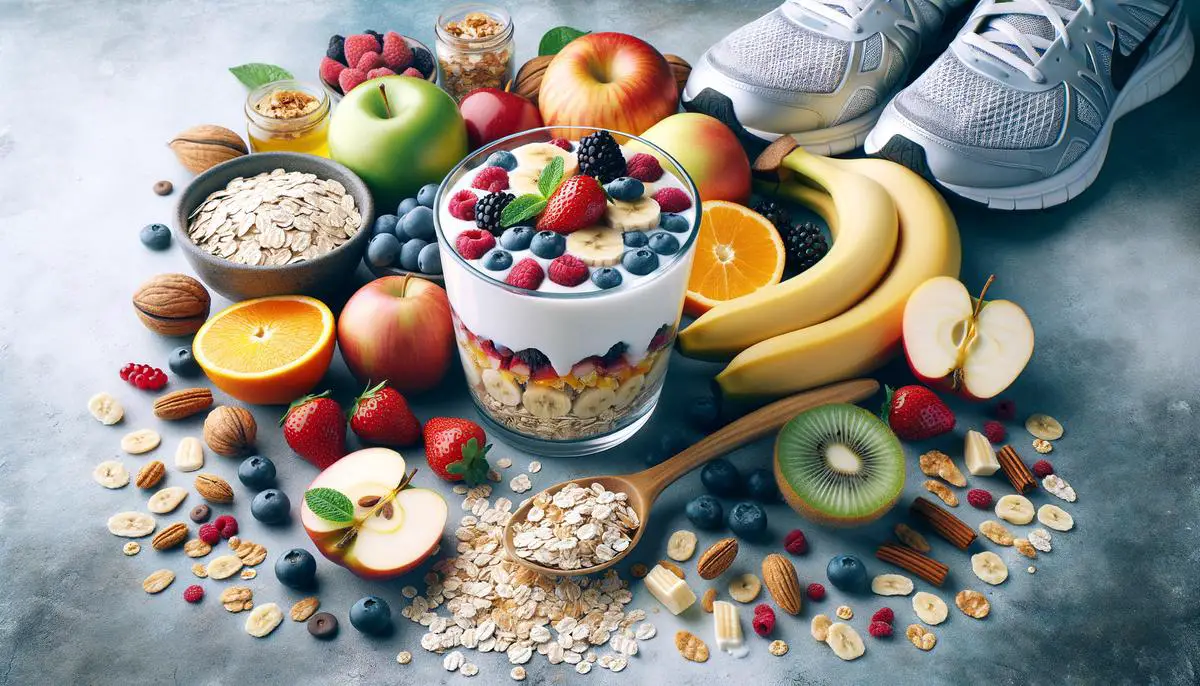 An image of various carbohydrate-rich foods like oatmeal, fruits, and yogurt parfait, with a running shoe in the background