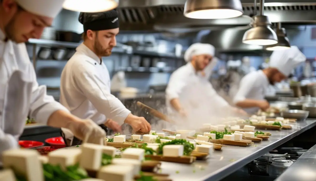 Chefs in a professional kitchen preparing creative tofu dishes for a contest