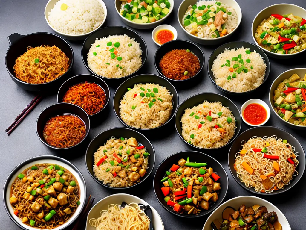 An image of various Chinese dishes including dumplings, fried rice, stir-fried vegetables, and noodles.