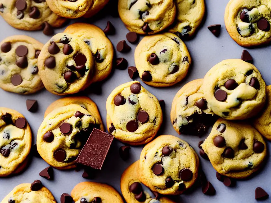 A chocolate chip cookie with chunks of chocolate nestled within a butter-cookie dough.