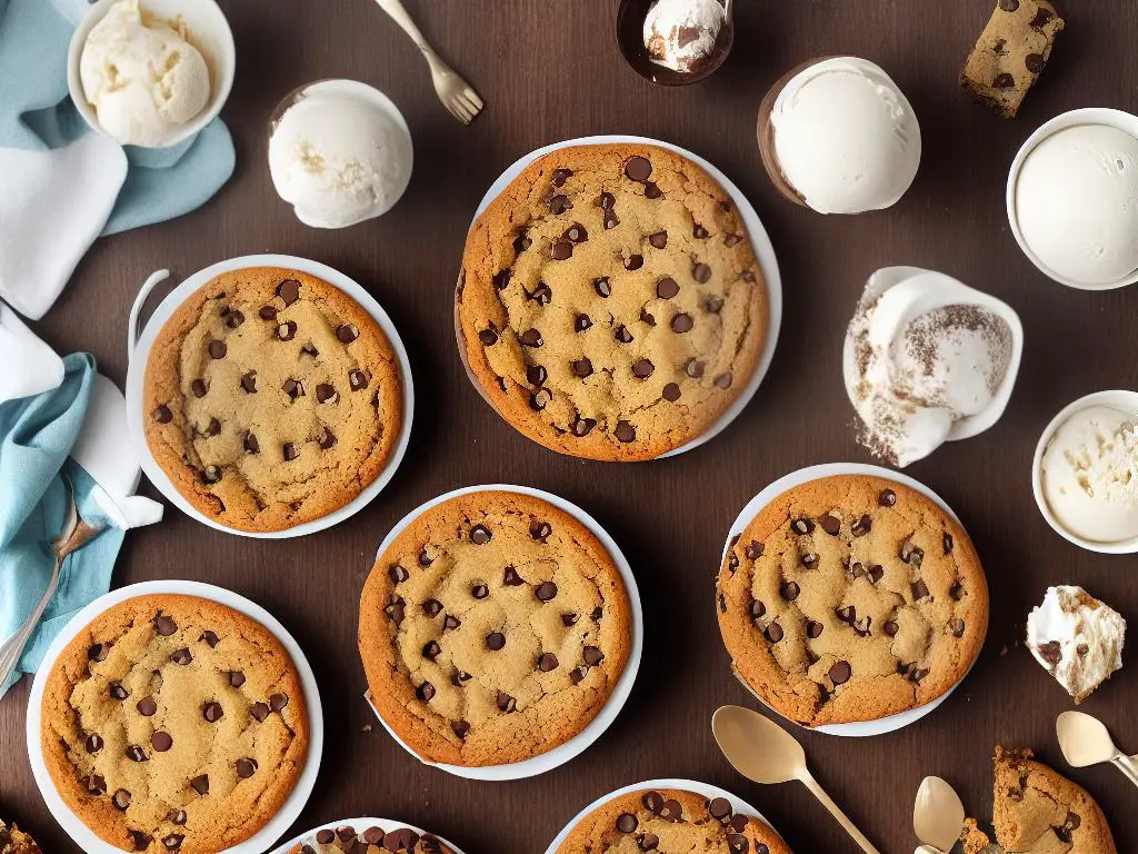 A plate full of delectable chocolate chip cookie desserts including cookie cake, ice cream sandwich, cookie bars, parfait, and cookie bowl.