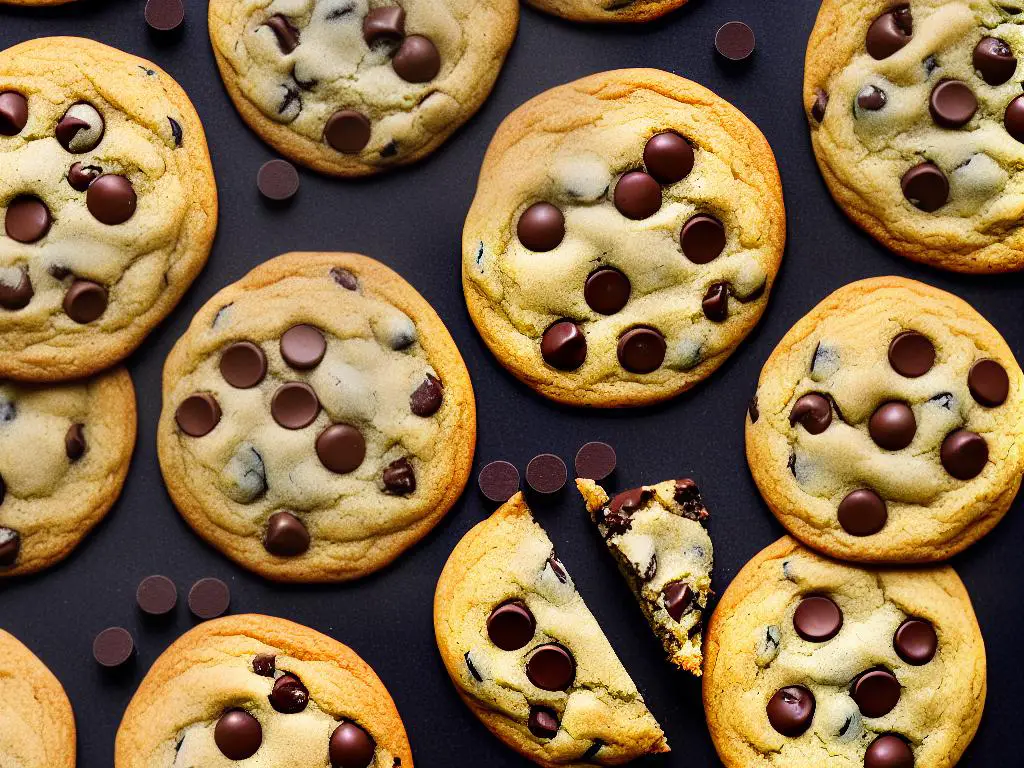 A chocolate chip cookie with chips protruding out of the top with a soft center and crispy edges.