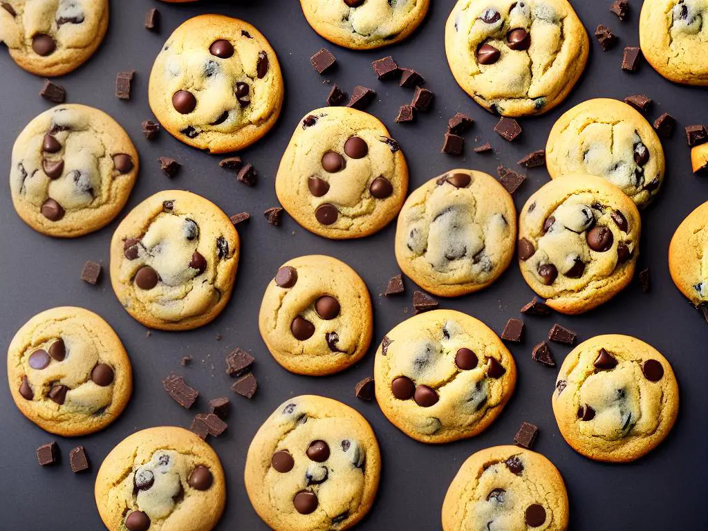 A plate filled with freshly baked chocolate chip cookies, showing their golden-brown exterior and the gooey chocolate chips inside.