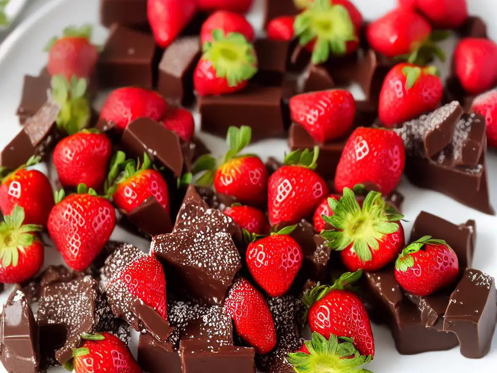 A picture of several fresh strawberries dipped in chocolate with white drizzle on top.