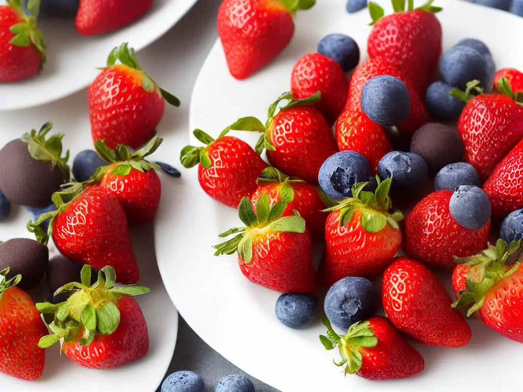 Picture of two chocolate covered strawberries with some additional pieces of fruit and nuts in the background, arranged neatly on a white plate.