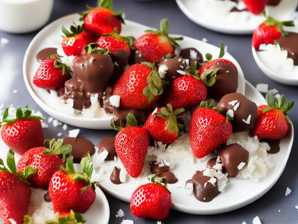 A picture of chocolate-covered strawberries with varying toppings, such as nuts and coconut flakes, placed on a plate.