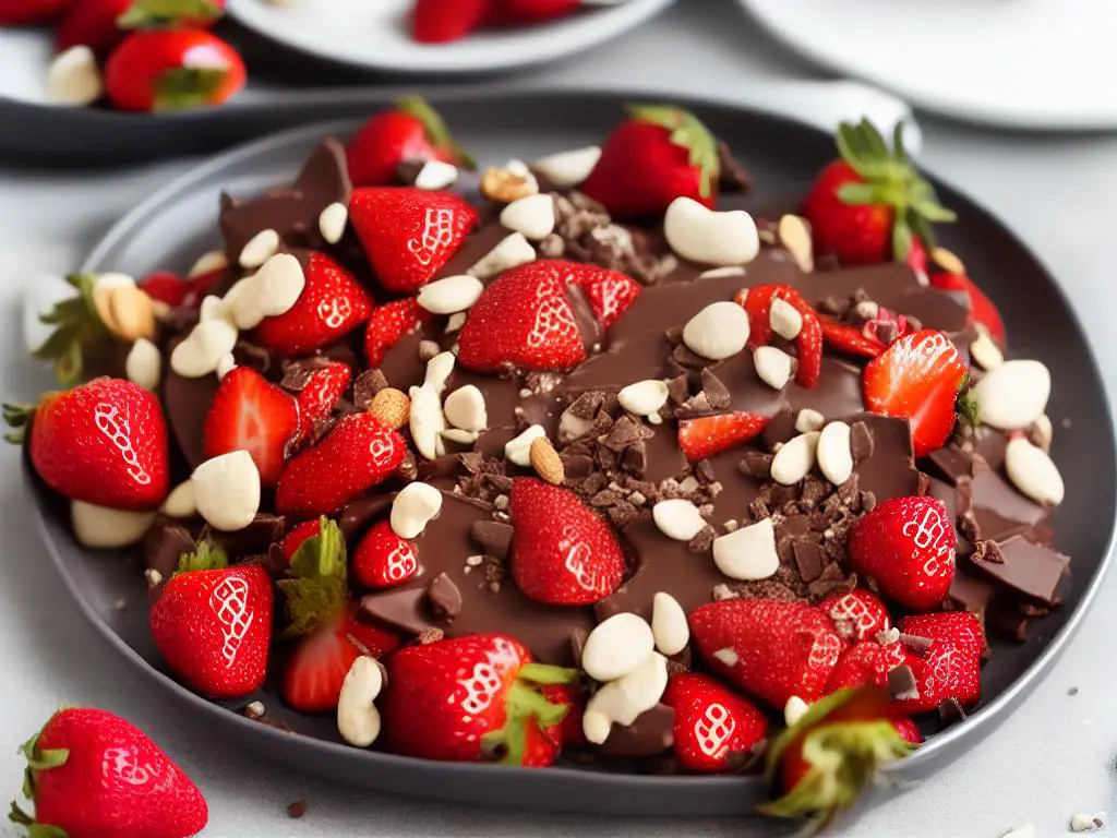 A plate of strawberries dipped in chocolate and decorated with various toppings like nuts and sprinkles.