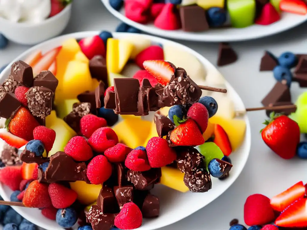 A bowl of melted chocolate with an assortment of fruits, cookies, and pretzels on skewers surrounding it.