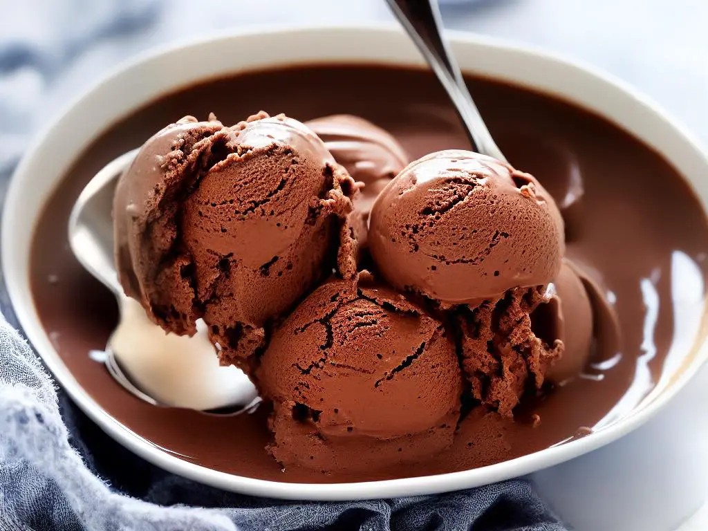 A bowl of chocolate ice cream with a spoon on top.