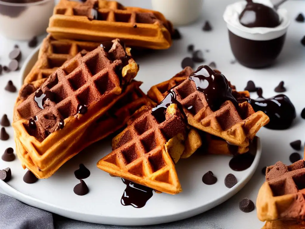 A scoop of chocolate ice cream in a waffle cone with chocolate chips and chocolate sauce drizzled on top.