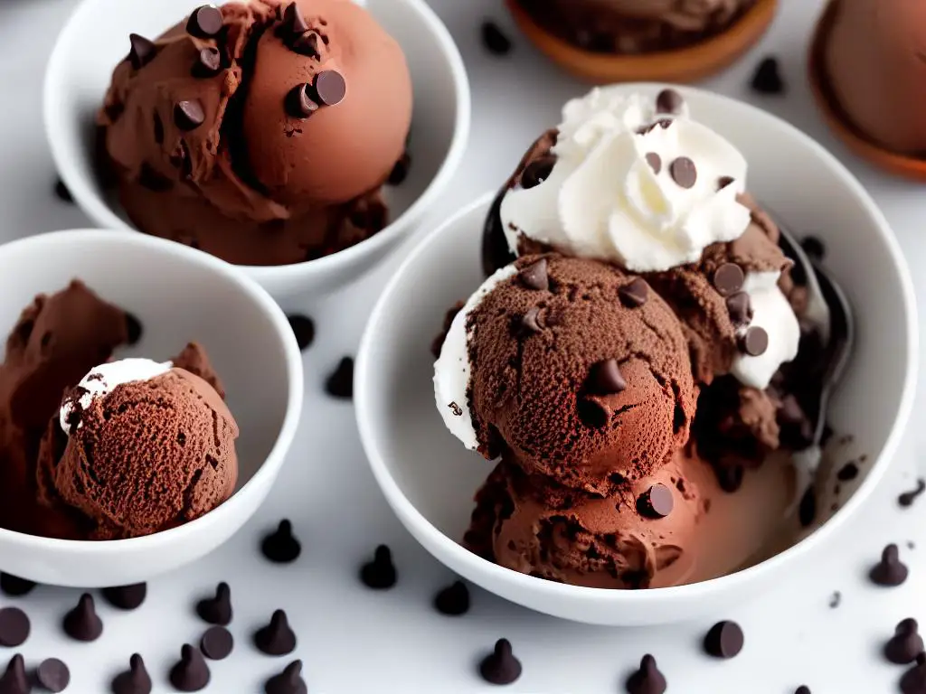 A bowl of chocolate ice cream topped with chocolate chips and whipped cream on a white background.