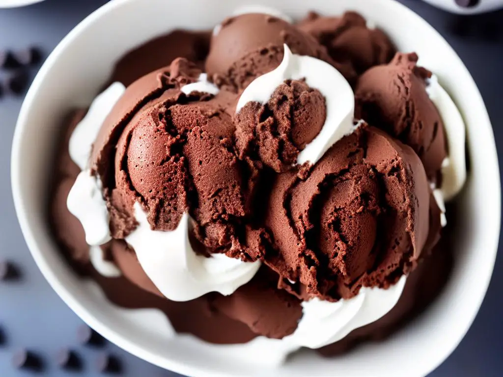 A bowl of chocolate ice cream with chocolate chips and whipped cream on top.