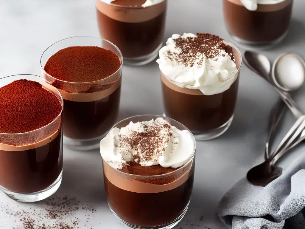 A delicious looking dessert of fluffy chocolate mousse served in an elegant glass with a dollop of whipped cream and chocolate shavings on top.