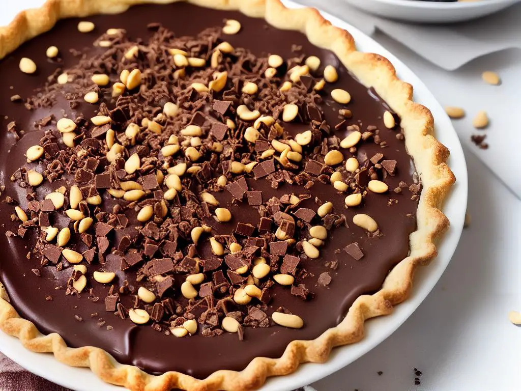 A pie with a chocolate cookie crust, creamy peanut butter filling and chocolate ganache topping, sprinkled with chopped peanuts.