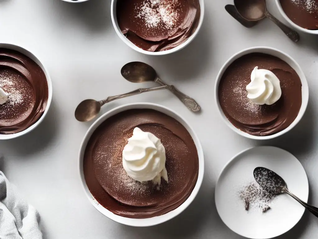 A bowl of chocolate pudding topped with whipped cream and chocolate shavings.