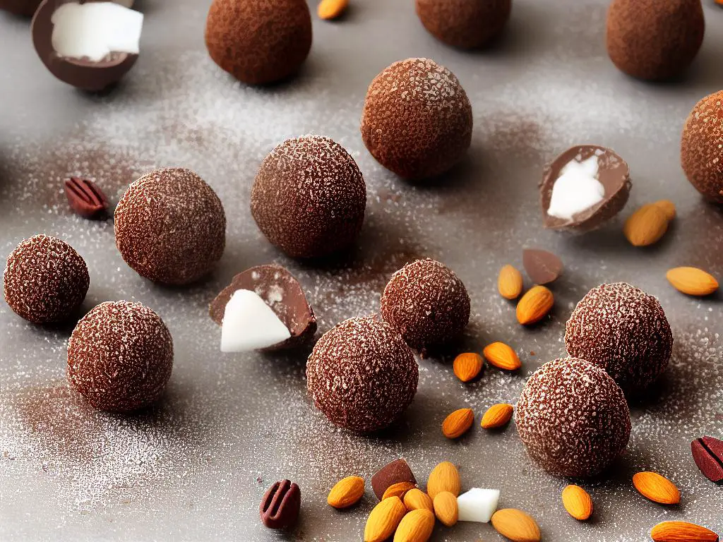 An image of various chocolate truffles dusted with cocoa powder and decorated with nuts and coconut shavings.