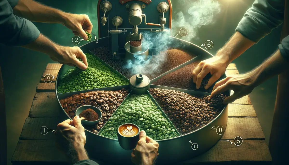 A visual representation of the coffee roasting process, showing the transformation from green beans to aromatic cup