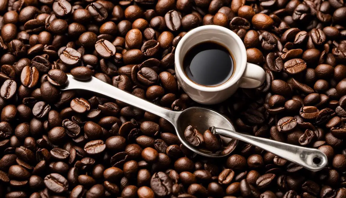 Image depicting different coffee beans and a measuring spoon, representing the importance of coffee-to-water ratio for brewing the perfect cup of coffee