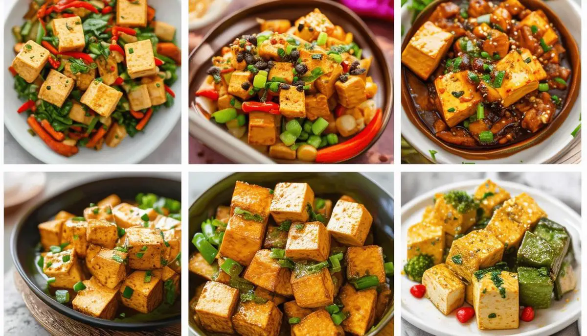 Collage of various colorful tofu dishes showcasing the versatility of tofu