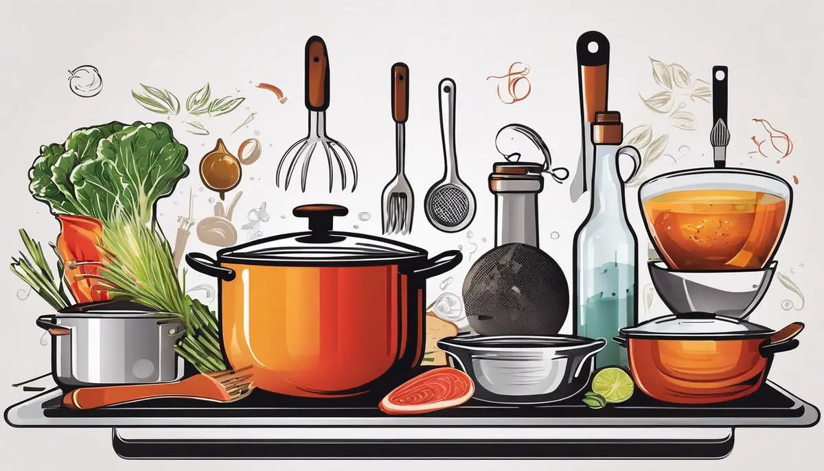 Illustration of different cooking methods with icons representing heat application, cooking vessels, and ingredients.