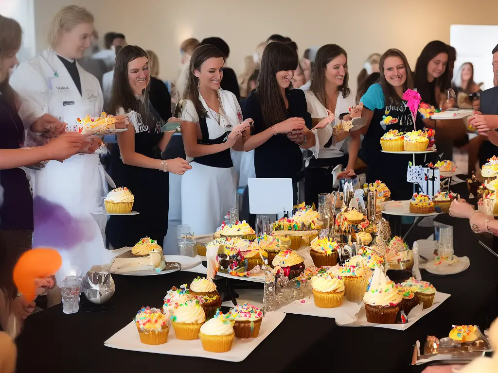 A group of contestants gathered around a table, each holding up a cupcake creation with a competitive look on their face.