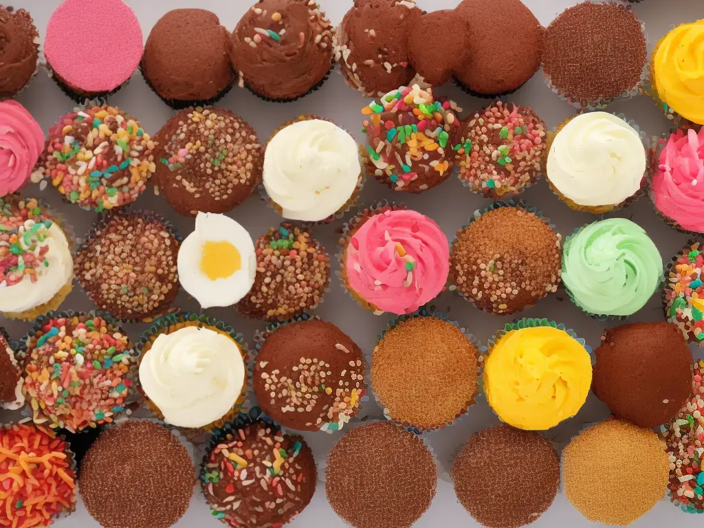 A colorful image of cupcakes with different toppings and decorations, including sprinkles, fruits, frosting, cream, chocolate, and nuts.