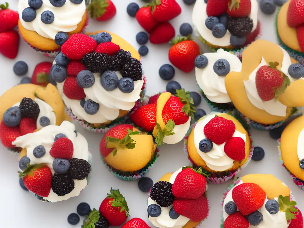 An image of a tray of cupcakes with different flavors and toppings, including chocolate, vanilla, strawberry, and cream cheese frosting, topped with colorful sprinkles and fresh berries. The cupcakes are arranged in a circular pattern on a white plate.