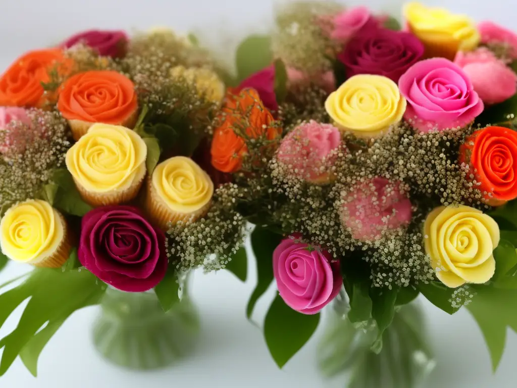 A variety of colorful and beautifully frosted cupcakes arranged in a bouquet style floral arrangement, with green leaves and stems for decoration.