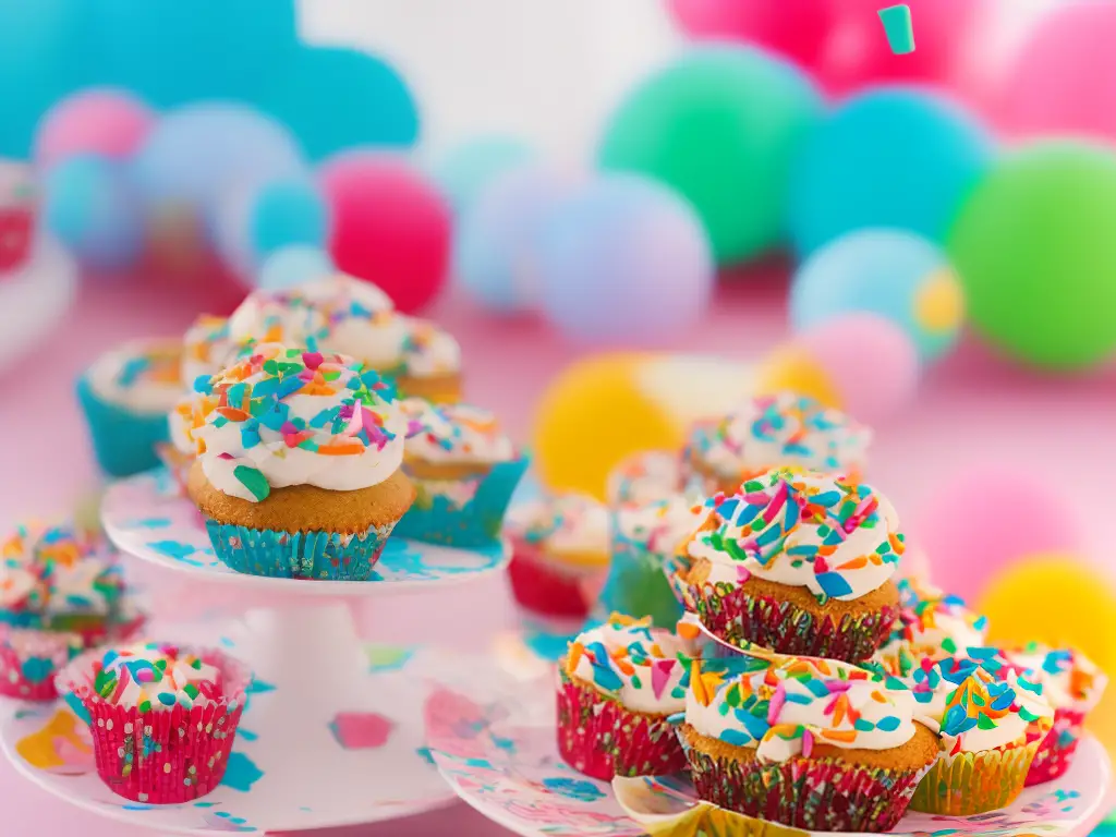 Illustration of a cupcake-themed party with colourful decorations, cupcakes and games