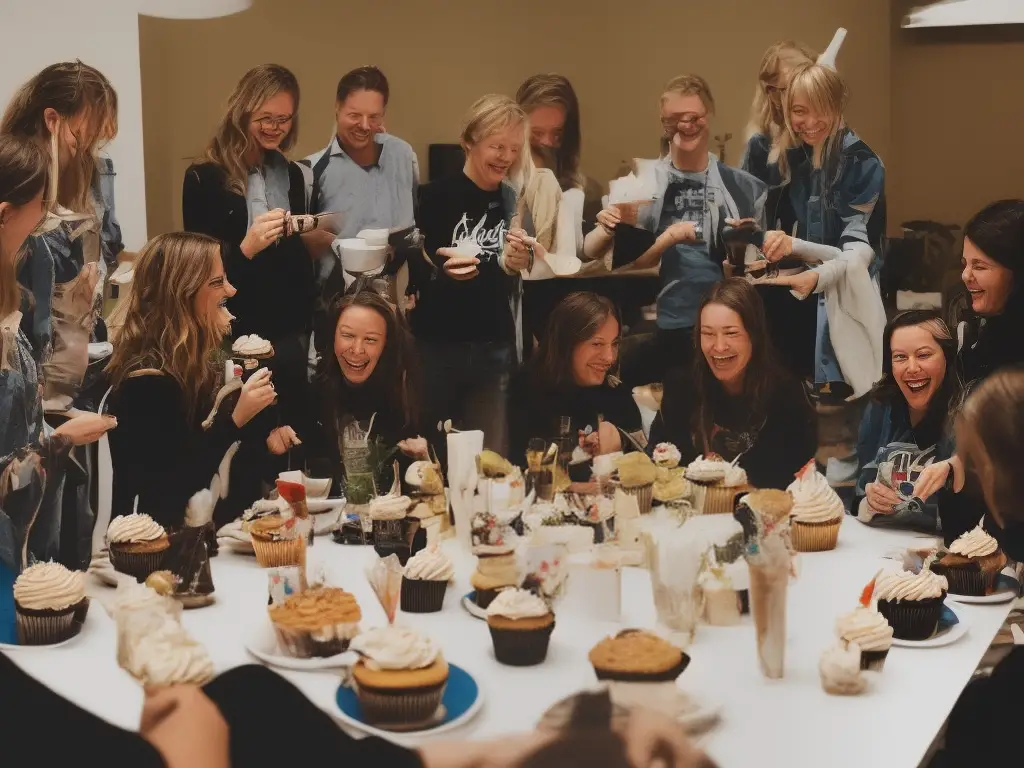 A group of people gathered around a table filled with various cupcakes, laughing, and enjoying each other's company.