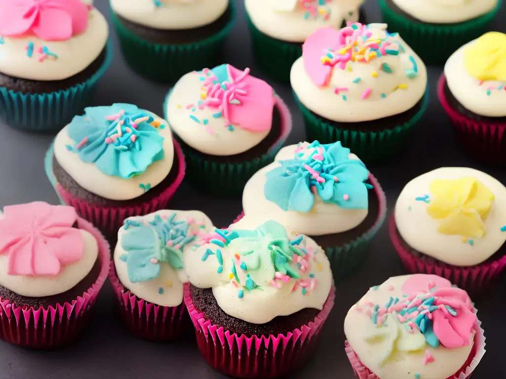 A set of cupcakes in different colors and decorated with frosting and sprinkles.