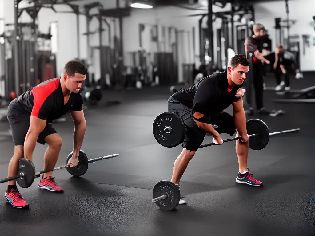 An image of a person performing a conventional deadlift with correct technique, with arrows pointing to the body parts involved in the exercise.