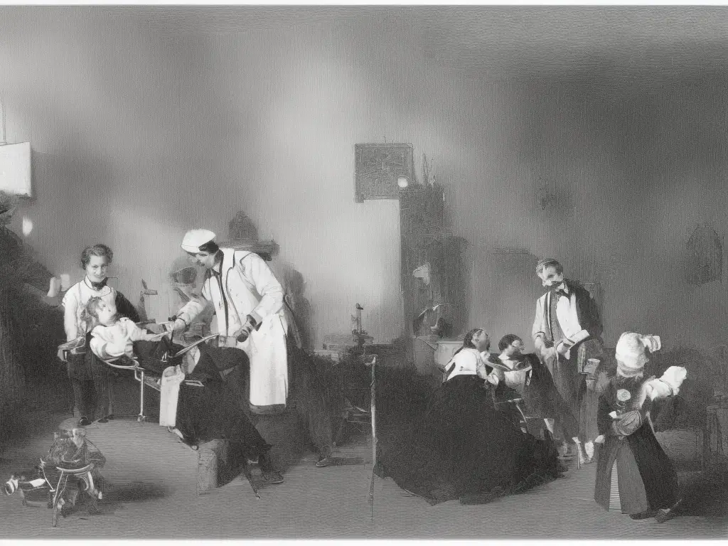 An illustration of a dentist examining a child's teeth with a happy child lying back in the dental chair.