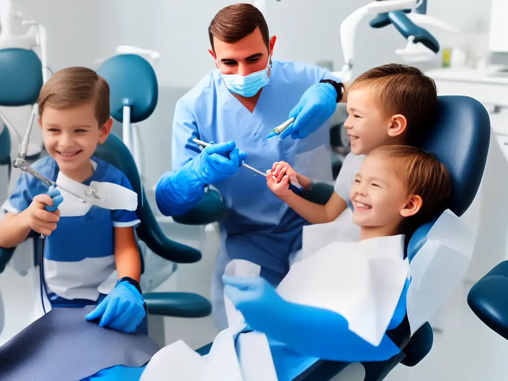 A cartoon image of a child sitting in a dentist chair with a big smile on their face while a dentist examines their teeth with different dental instruments.