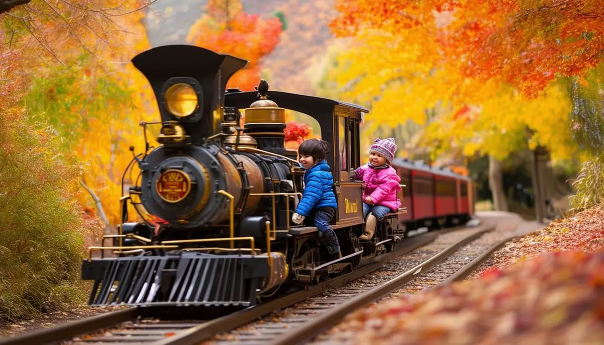 Toddlers riding the Enchanted Railroad at Descanso Gardens surrounded by fall foliage