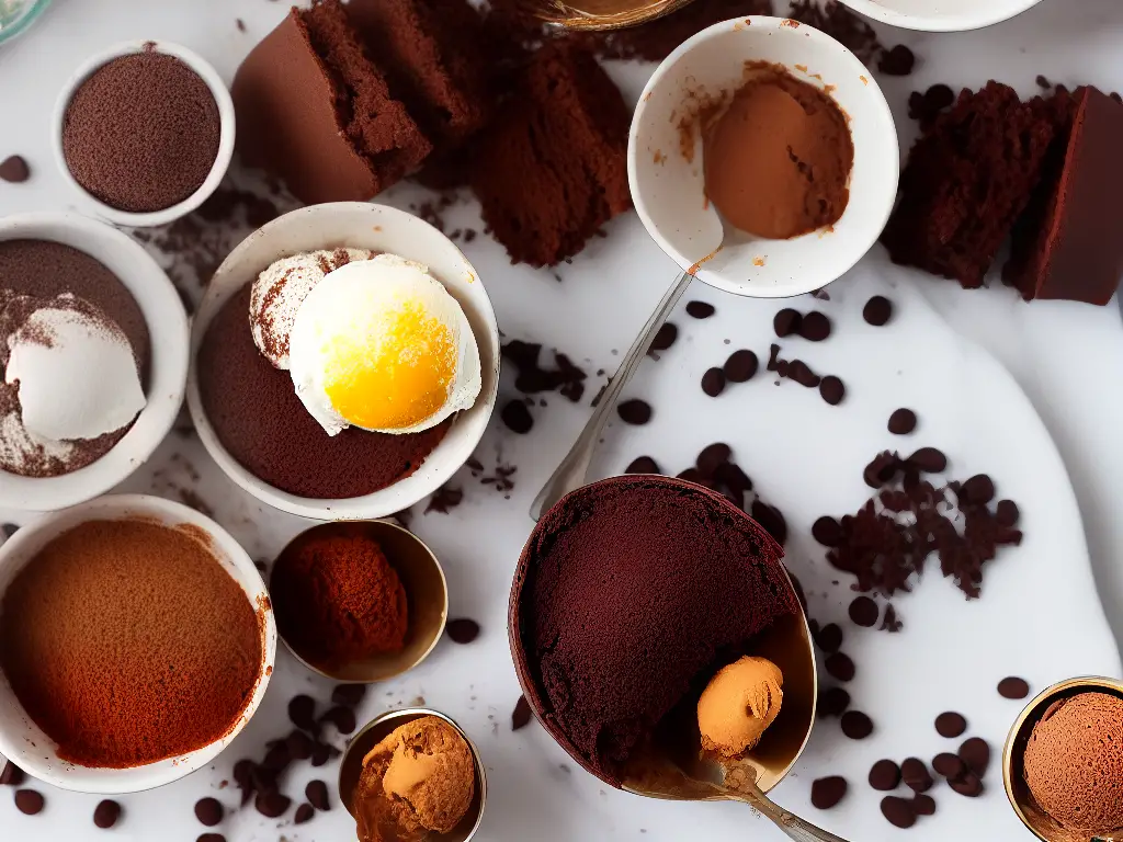 An image of various desserts made from beans, such as brownies and ice cream, with ingredients such as cocoa powder and fruits on top.