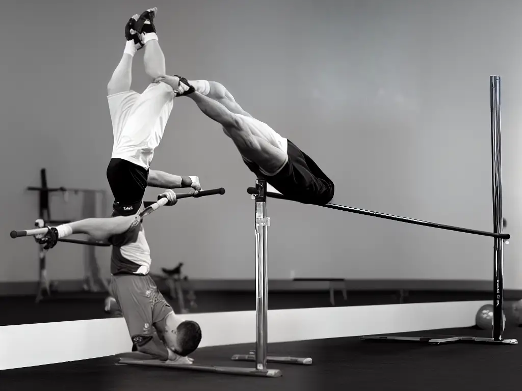 Image of a person performing dips on parallel bars with emphasis on proper form, with elbows and arms at a 90-degree angle and feet off the ground.