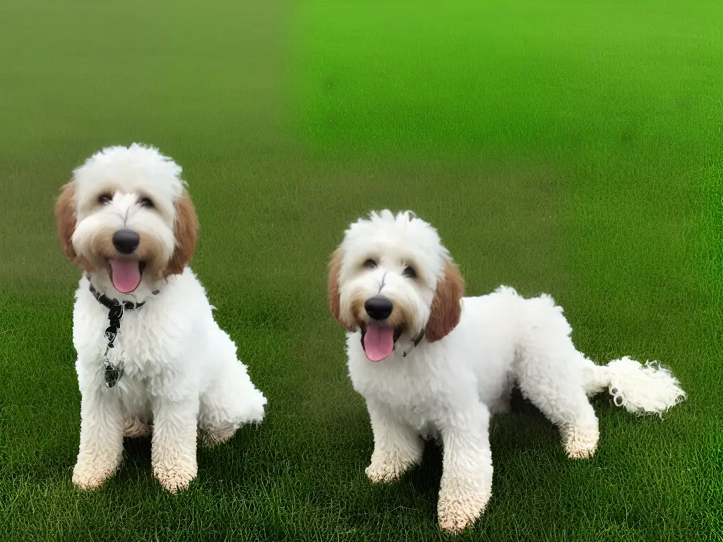 A photo of a curly, tan and white Goldendoodle sitting outdoors with a happy expression on its face