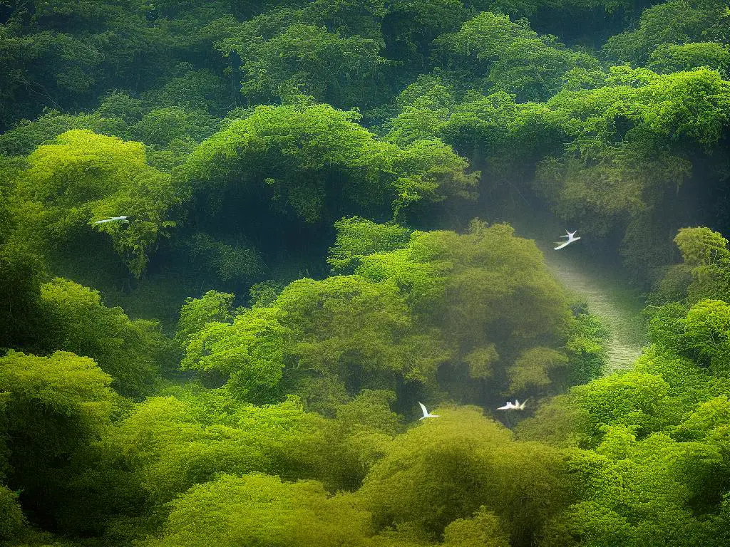 A picture of two dragons in mid-flight over a dense jungle