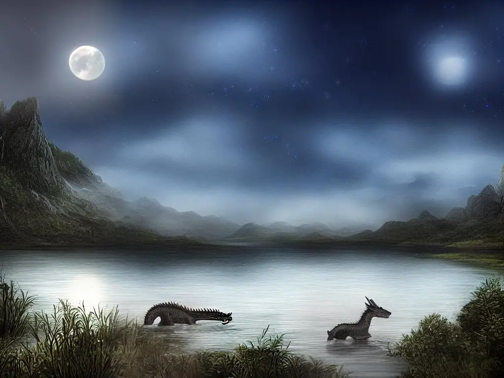 A drawing of a dragon-like creature peering out of a lake with a full moon behind it.