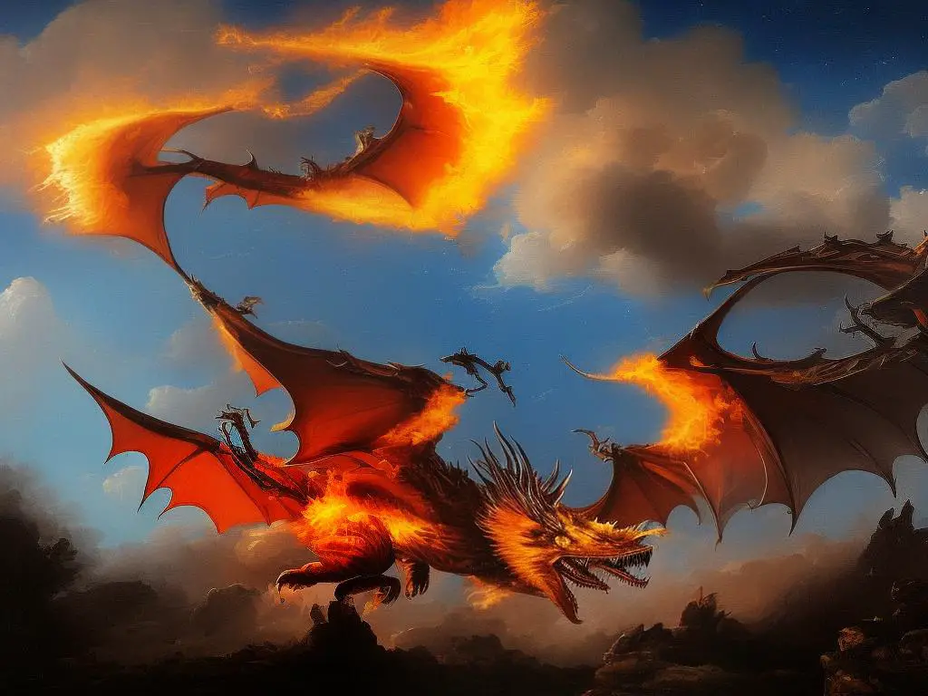 A painting of a dragon in flames, soaring through the night sky above a forest. The dragon appears fierce and majestic, with long, glowing horns and sharp claws.