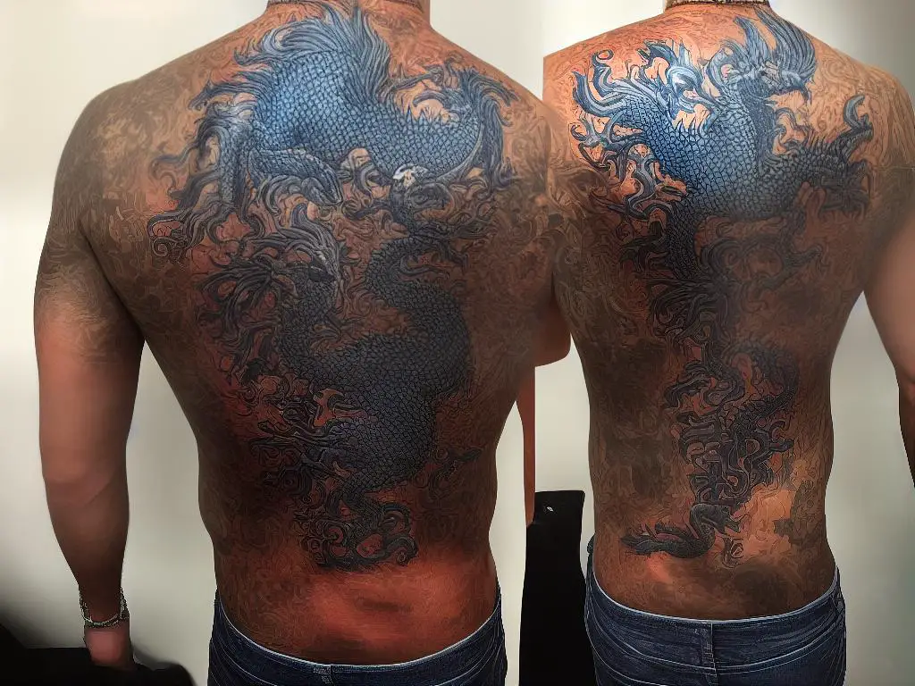 A man's back covered in a large dragon tattoo with intricate details and vivid colors