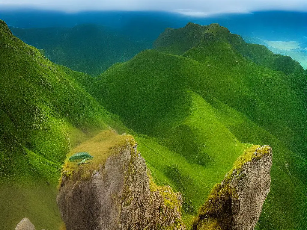 A green dragon sitting on a cliff surrounded by mountains