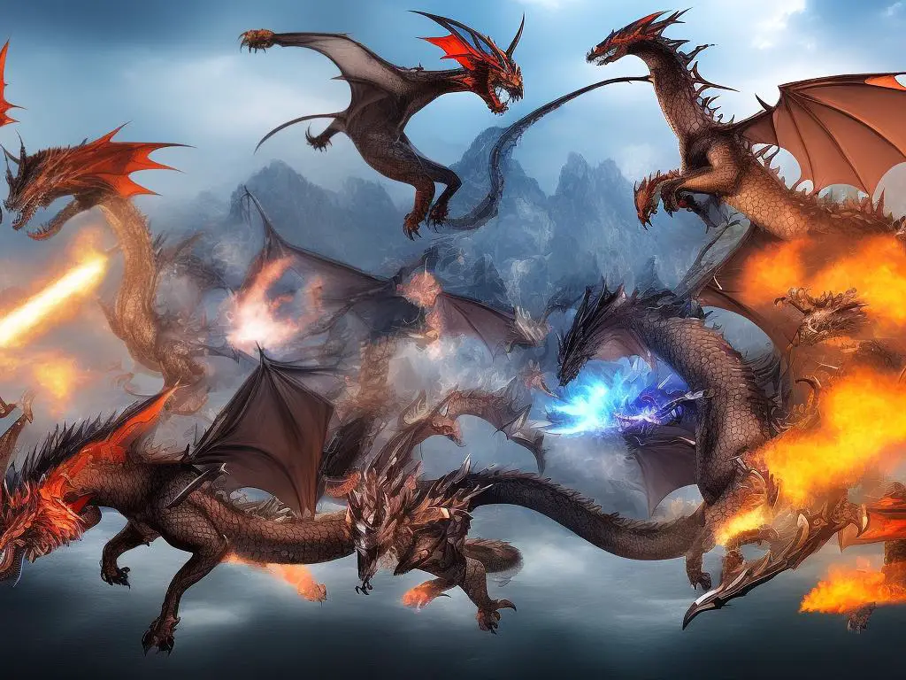 A digital art representation of various dragons from different cultures, including European, Asian and Mesoamerican, all appearing in a dynamic and powerful pose together.