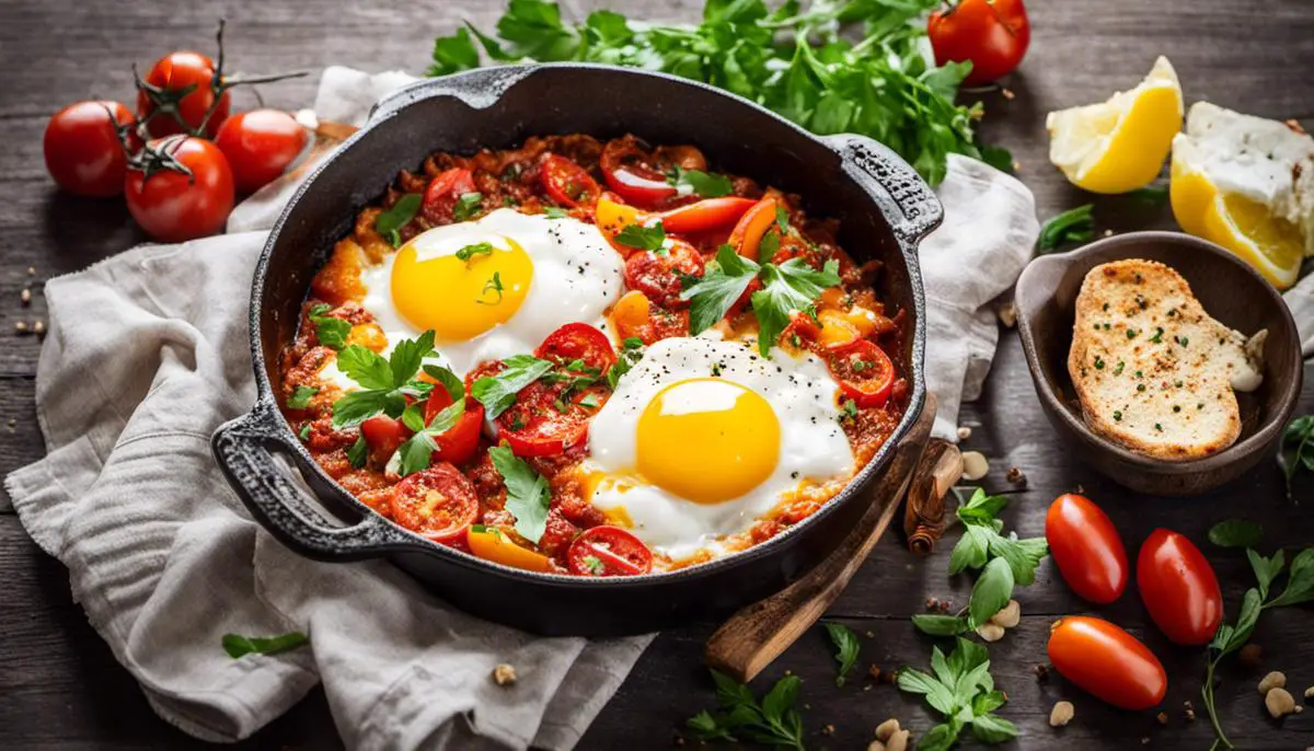 A vibrant dish of Shakshuka topped with poached eggs, surrounded by tomatoes, peppers, and spices.