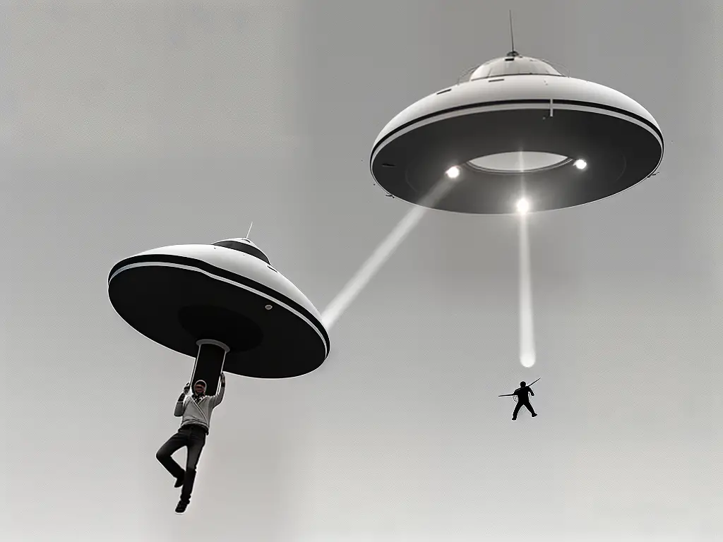 A sketch of an unidentified flying object hovering in the air with a person pointing towards it.