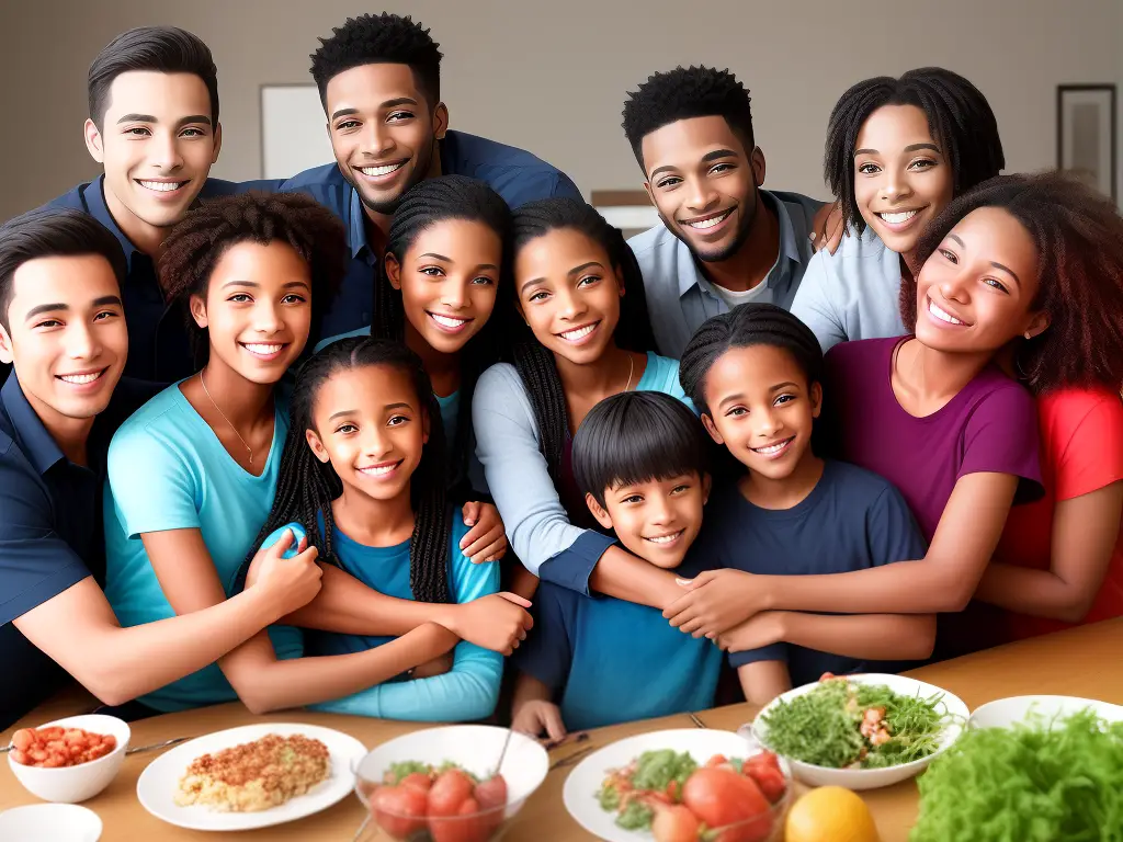 An image of a large and diverse family gathered around a table, smiling and hugging each other happily.