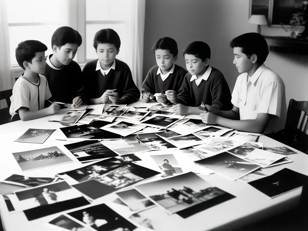 An image of a family sitting around a table and sharing old photo albums and stories.